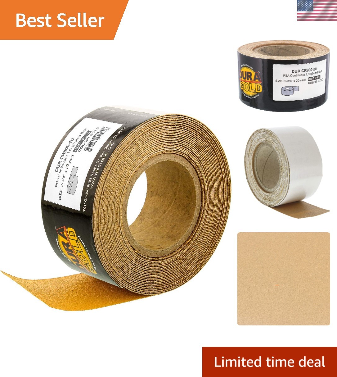 Gold 800 Grit PSA Longboard Sandpaper, 20 Yard Roll, 2-3/4″ Wide, Self Adhesi…
