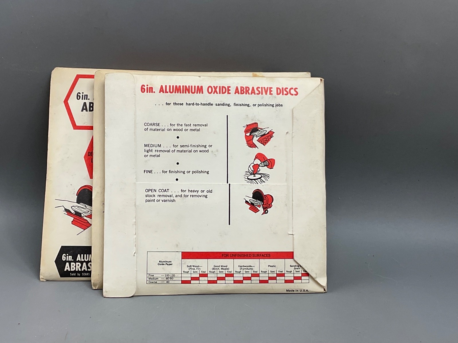 Sears 6 in. Aluminum Oxide Abrasive Dics 9 Extra Coarse in original packaging.