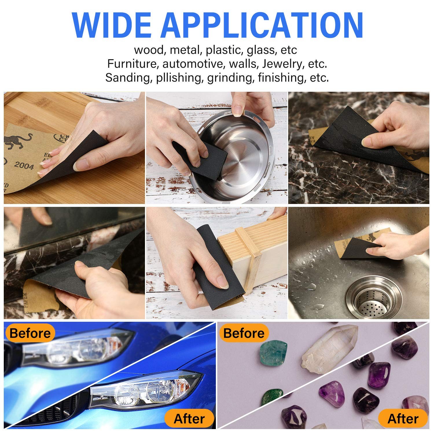 Abrasive Dry Wet Waterproof Sandpaper Sheets Assorted 9 x 11 Inch, 12 Piece