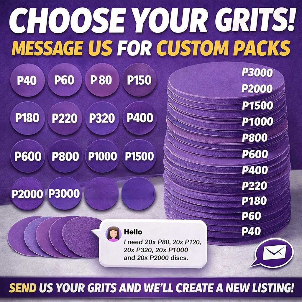 100 PCS 6 inch Sandpaper Discs Custom Pack Mix P40–P3000 Hook & Loop Purple