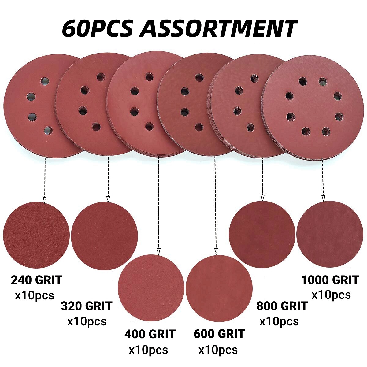 60x 5 inch Sanding Discs 240-1000 Grit Hook Loop 8-Hole Orbital Sander Paper Pad