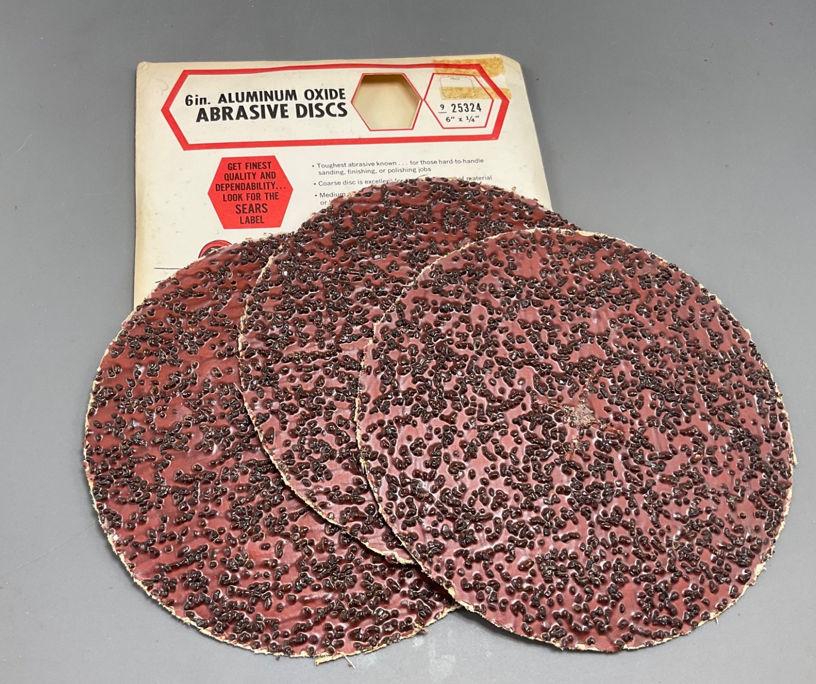 Sears 6 in. Aluminum Oxide Abrasive Dics 9 Extra Coarse in original packaging.