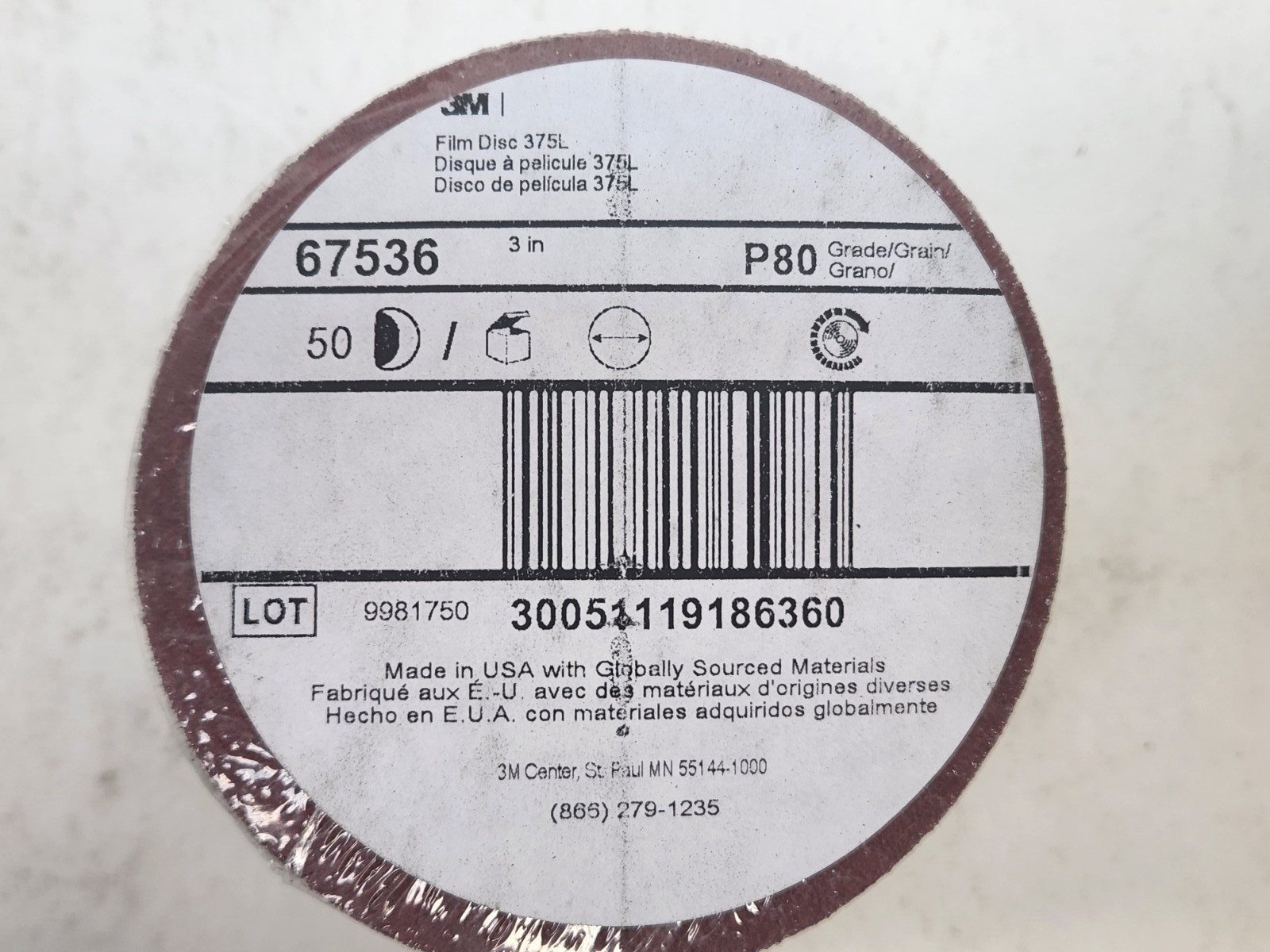 50 DISCS – 3M Hookit Film Discs 375L #67536 P80 Grit Sanding Discs (No-Holes)