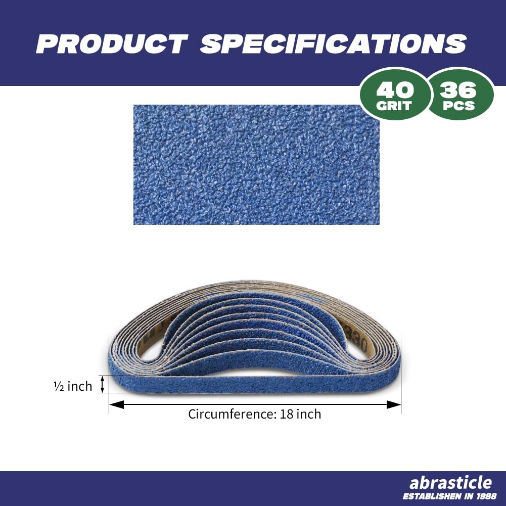 Zirconia Sanding Belts 1/2 x 18 Inch 36 PCS 40 Grit for Metal Polishing