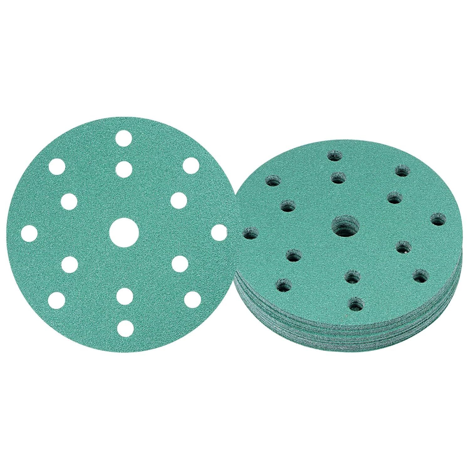 150mm 120 Grit Sanding Discs 6″ Hook and Loop 15 Hole Pattern 50 Pack Green Film