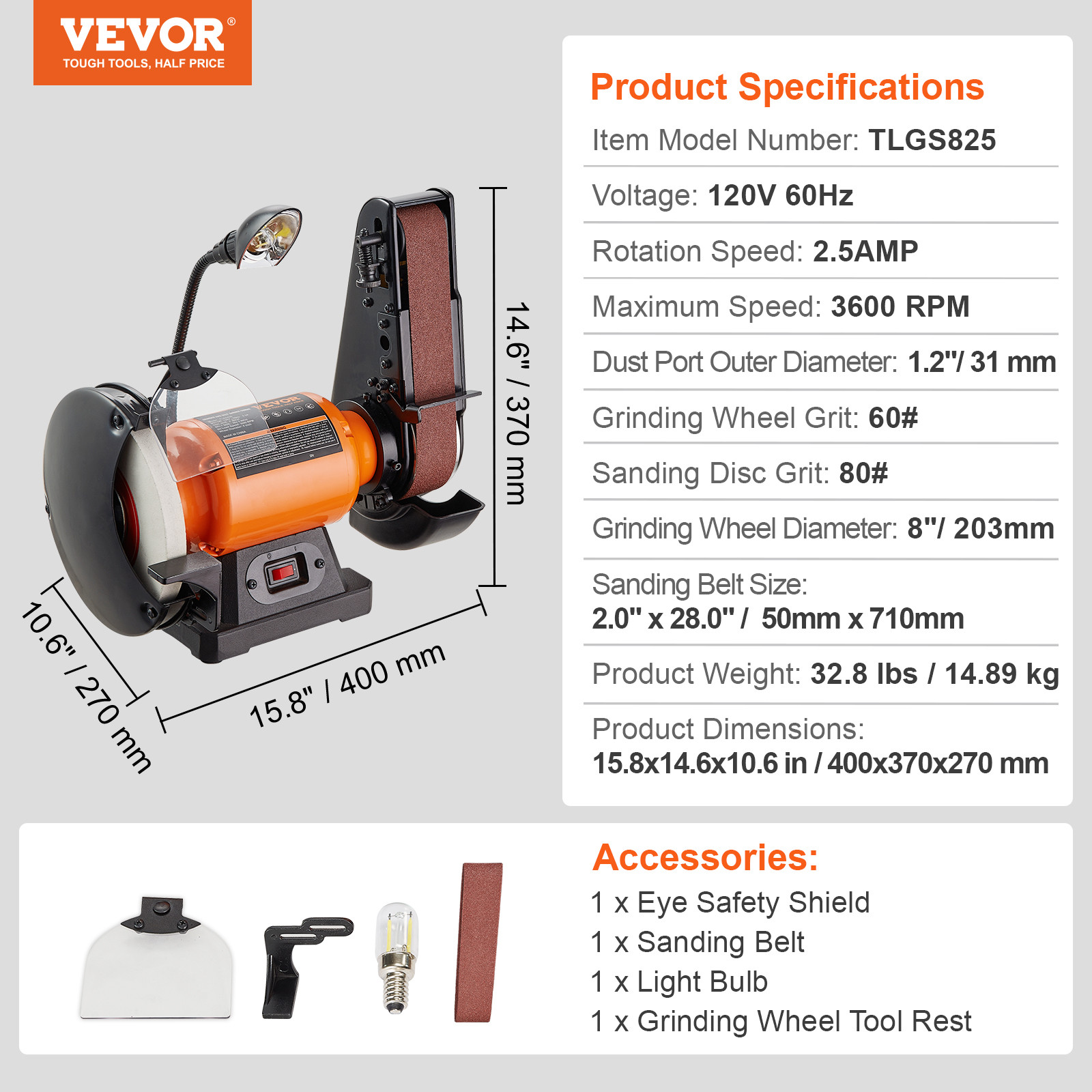 VEVOR Belt Grinder Sander Combo 8″ Bench Grinder and 2″x 28″ Belt 2.5A 3600RPM