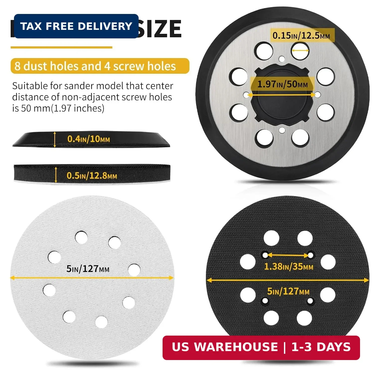 5 Inch 8 Holes Hook Loop Orbital Sander Metal Pad Replacement for DeWalt DWE6423