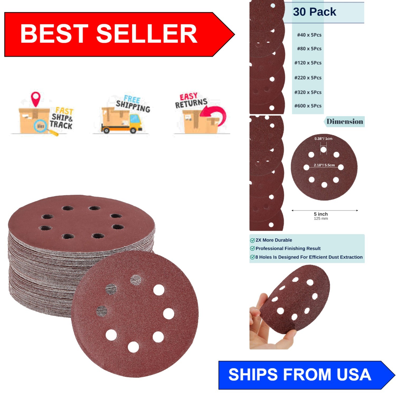 Efficient Dust Extraction 5-Inch Sanding Discs – 30 Pack with Assorted Grits