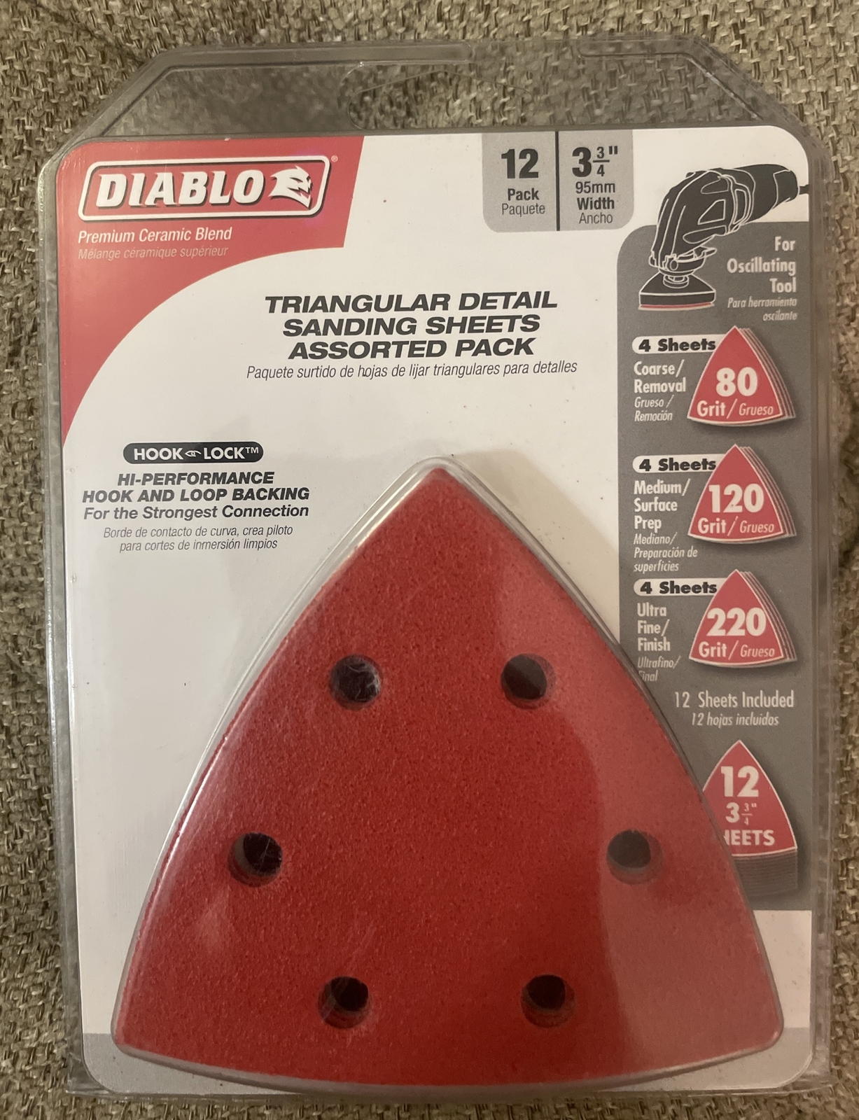 Diablo DCT334ASTH12G 12Pk 3-3/4 in. Assorted Grit Triangular Detail Sand Sheets