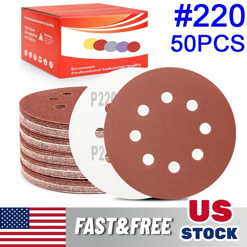 50Pc 5inch Sanding Disc 220 Grit Hook Loop 8-Hole Orbital Sander Paper Sandpaper