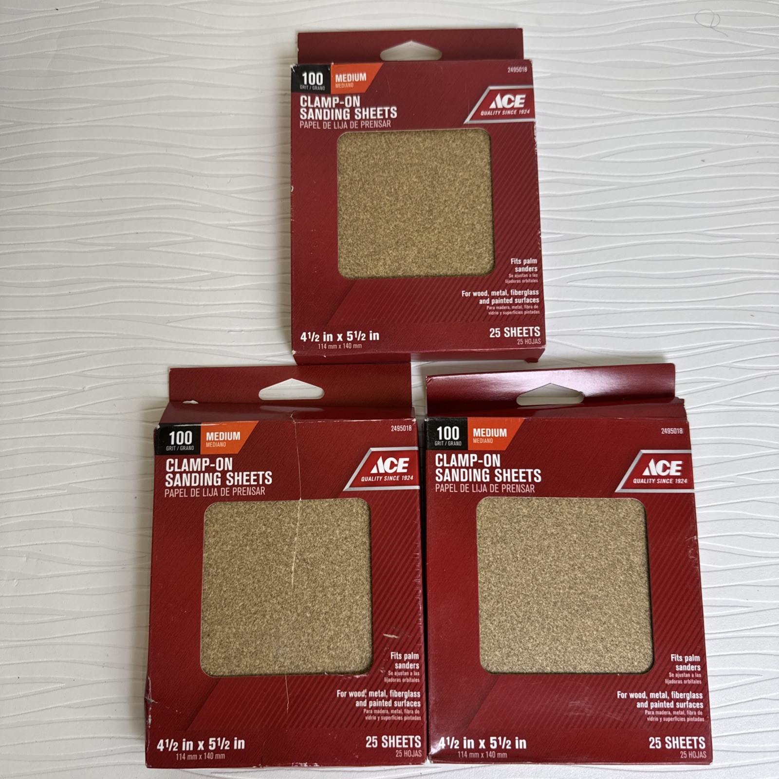 Lot of 3 ACE 2495018 Clamp On Palm Sander Sanding Sheets 100 Grit 4-1/2″X5-1/2″