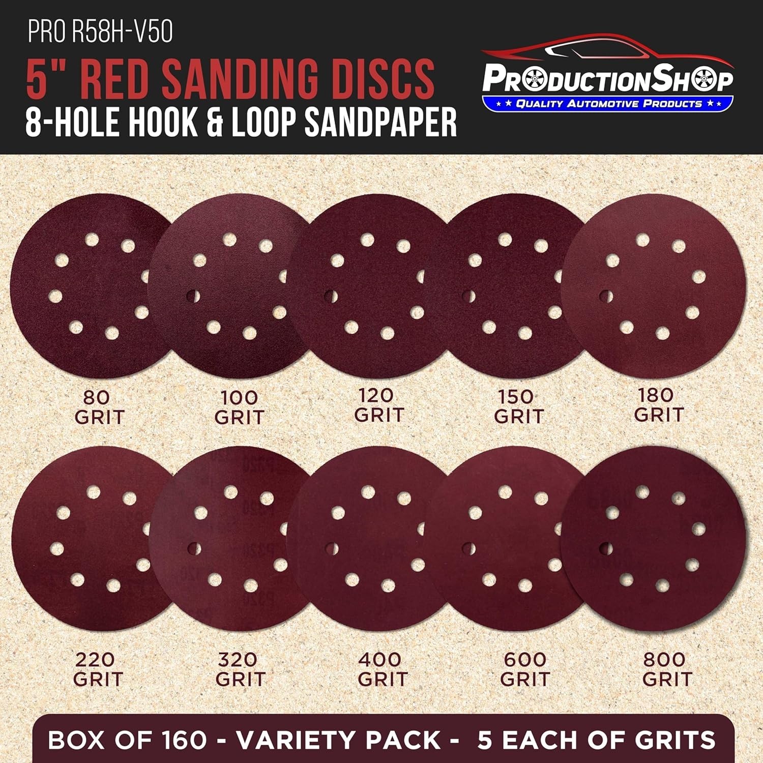 Ultimate 50-Pack 5″ Red 8-Hole Sanding Discs – Multiple Grit Options Available