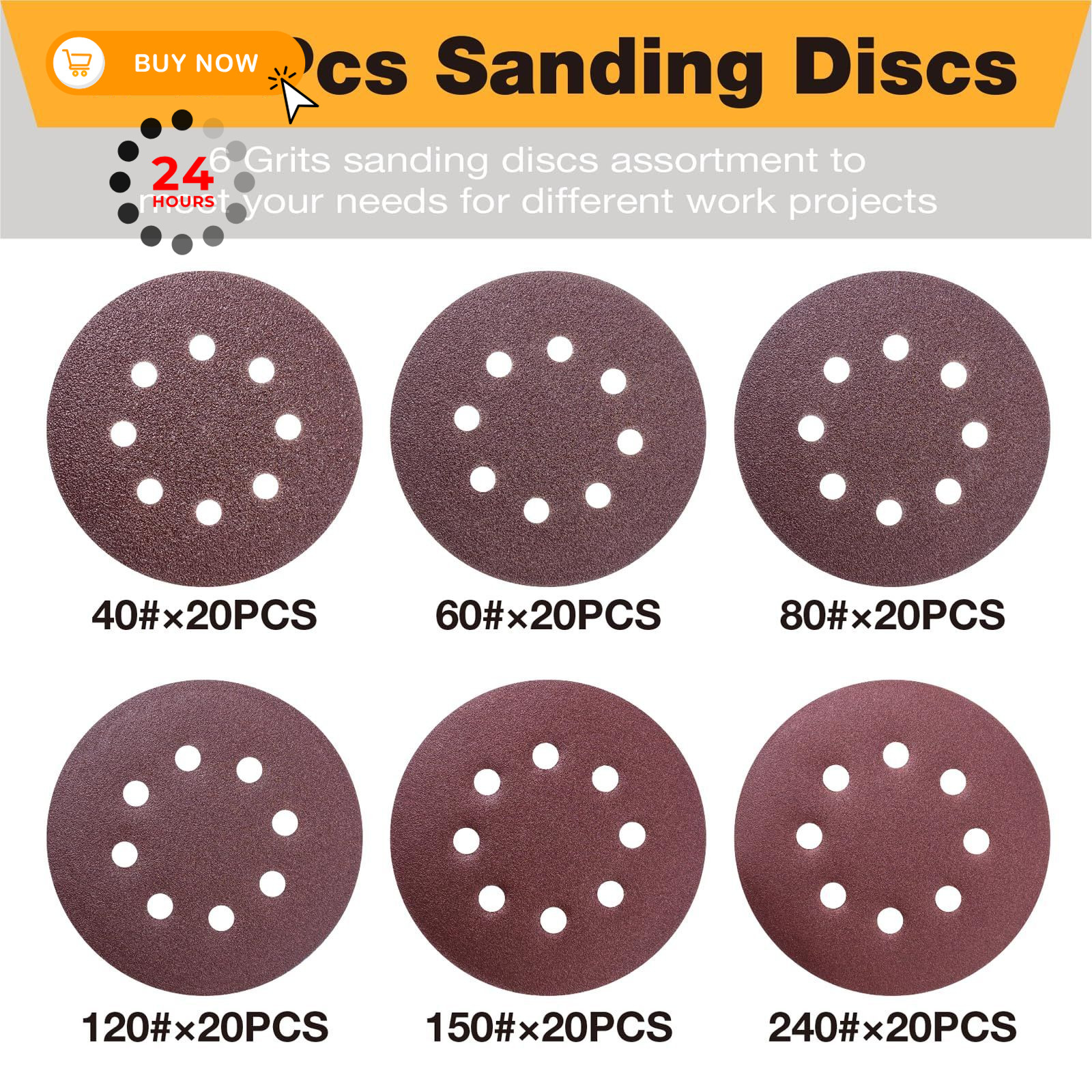 120 Pcs Sanding Discs, 5 Inch Sandpaper, 40, 60, 80, 120, 150, 240 5 inch
