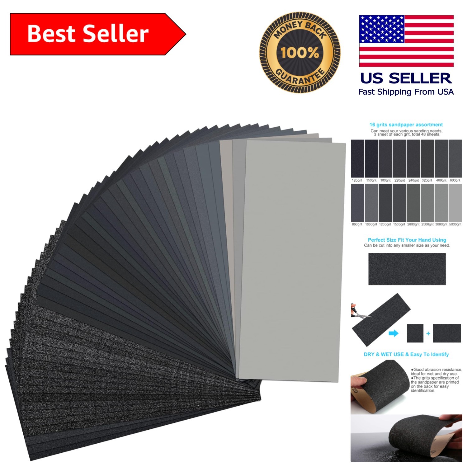 9 x 3.6 Inch Silicon Carbide Sandpaper – 48 PCS for Wood, Metal & Automotive Use