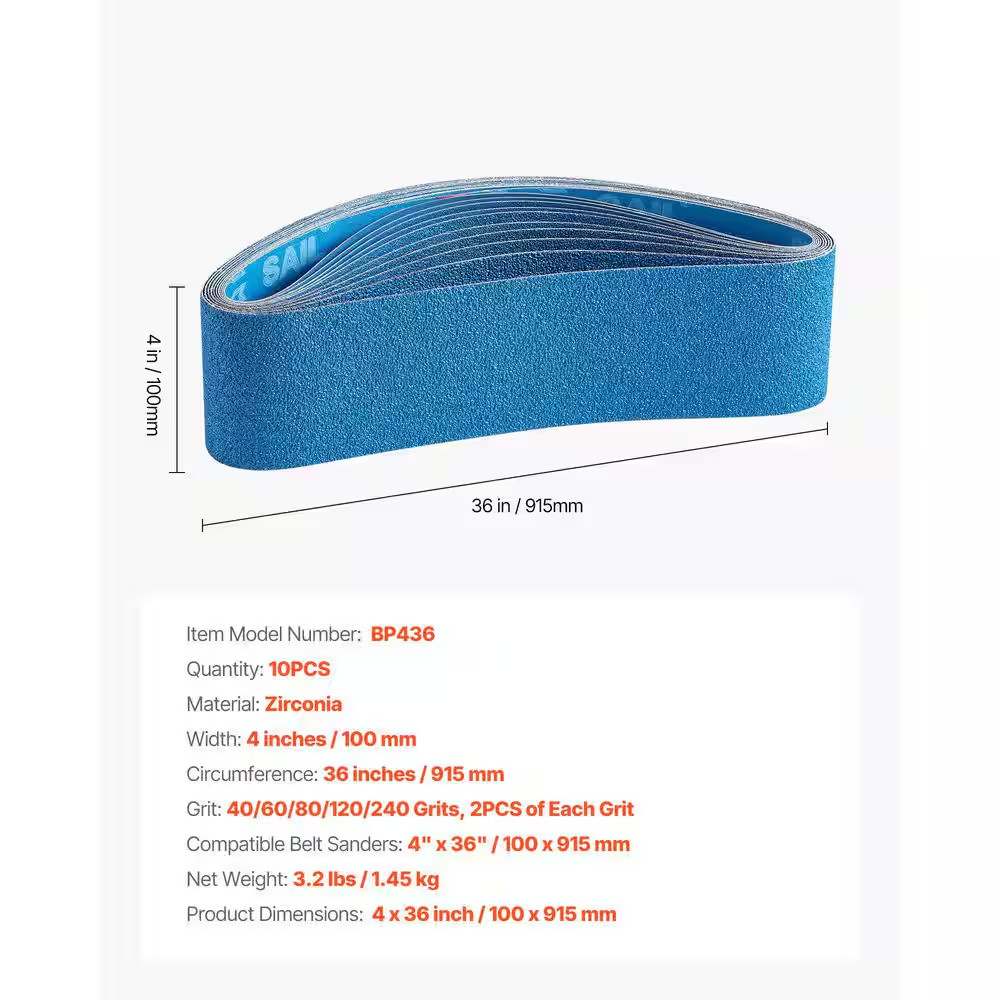 4X36 In. Belt Sander Sanding Belts, 10PCS (2 of Each 40 60 80 120 240 Grits) Zir