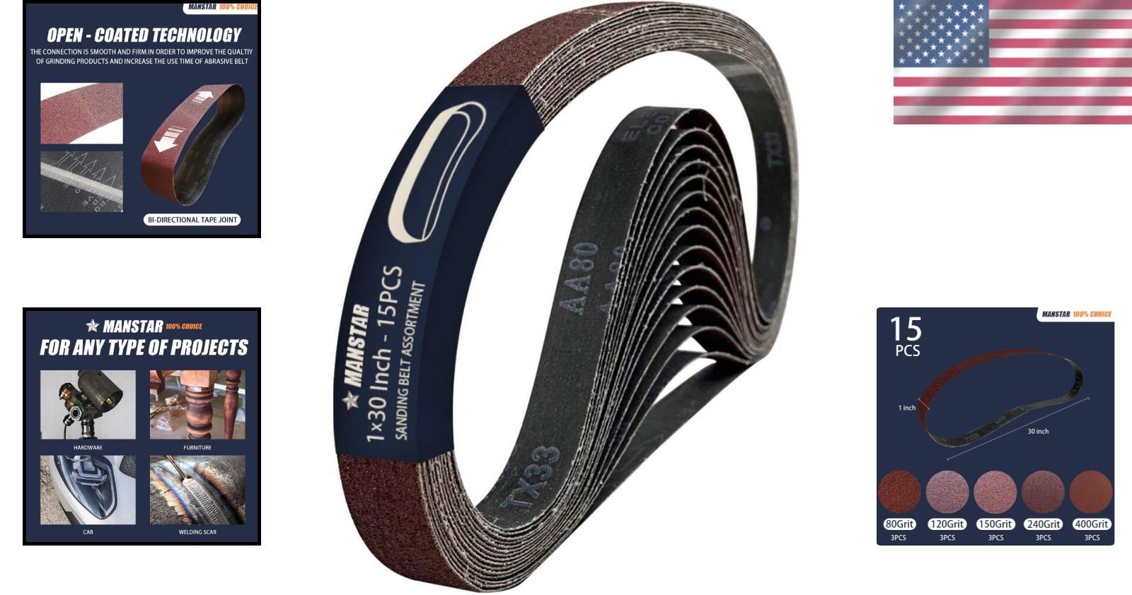 High-Performance 15 Pcs Sanding Belts – 1×30 inch with 80/120/150/240/400 Grits