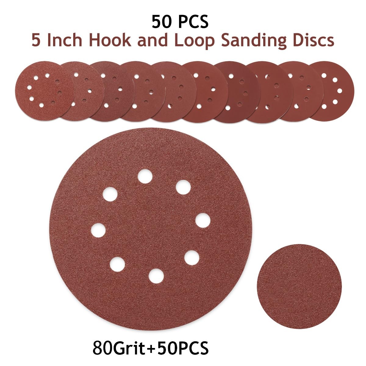 5 Inch 8 Hole Sanding Discs Hook and Loop, 50 PCS 80 Grit Round Sand Paper Di…