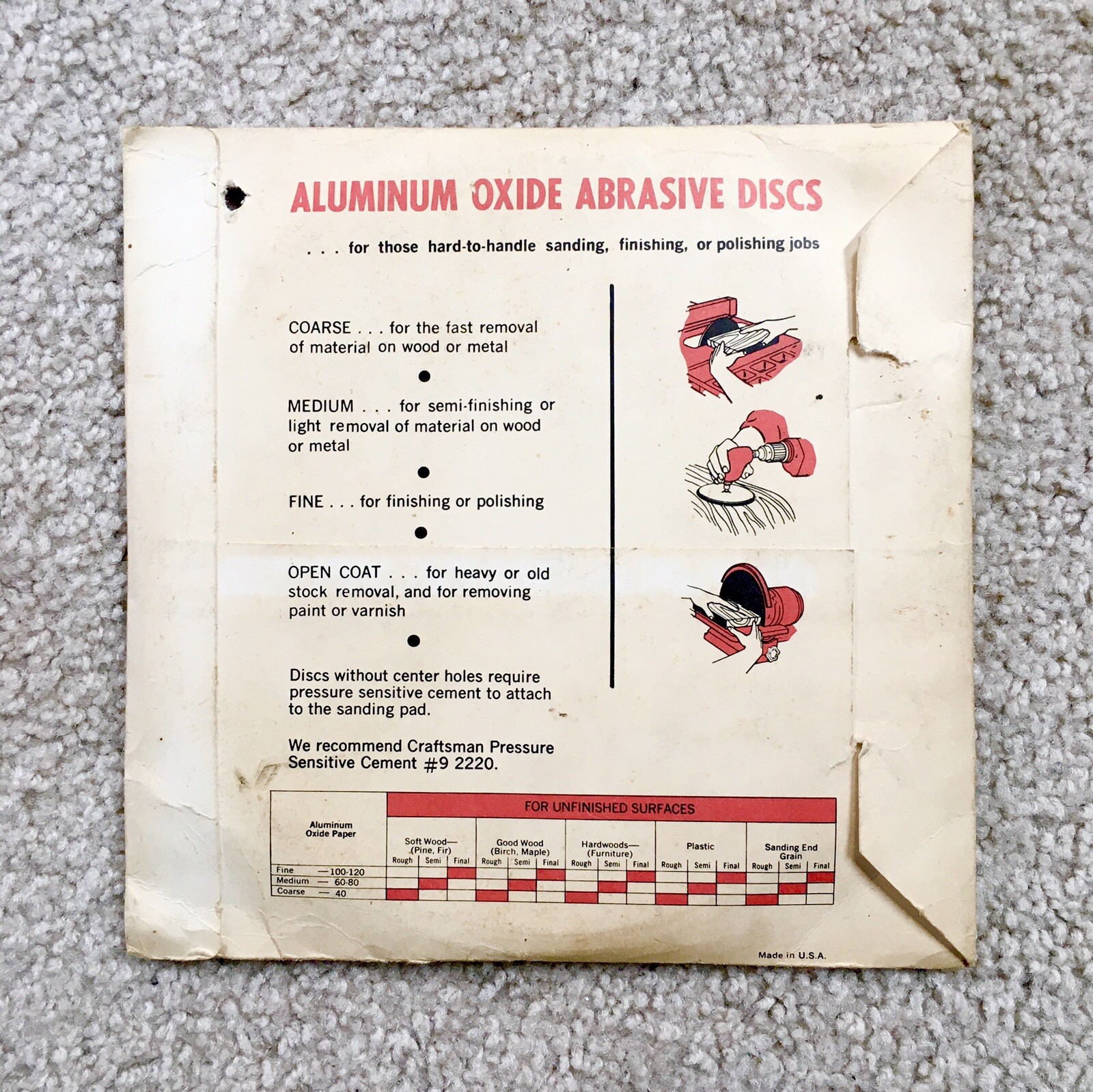 Vintage SEARS CRAFTSMAN Aluminum Oxide Abrasive Discs 8” NOS – 5 Coarse Discs