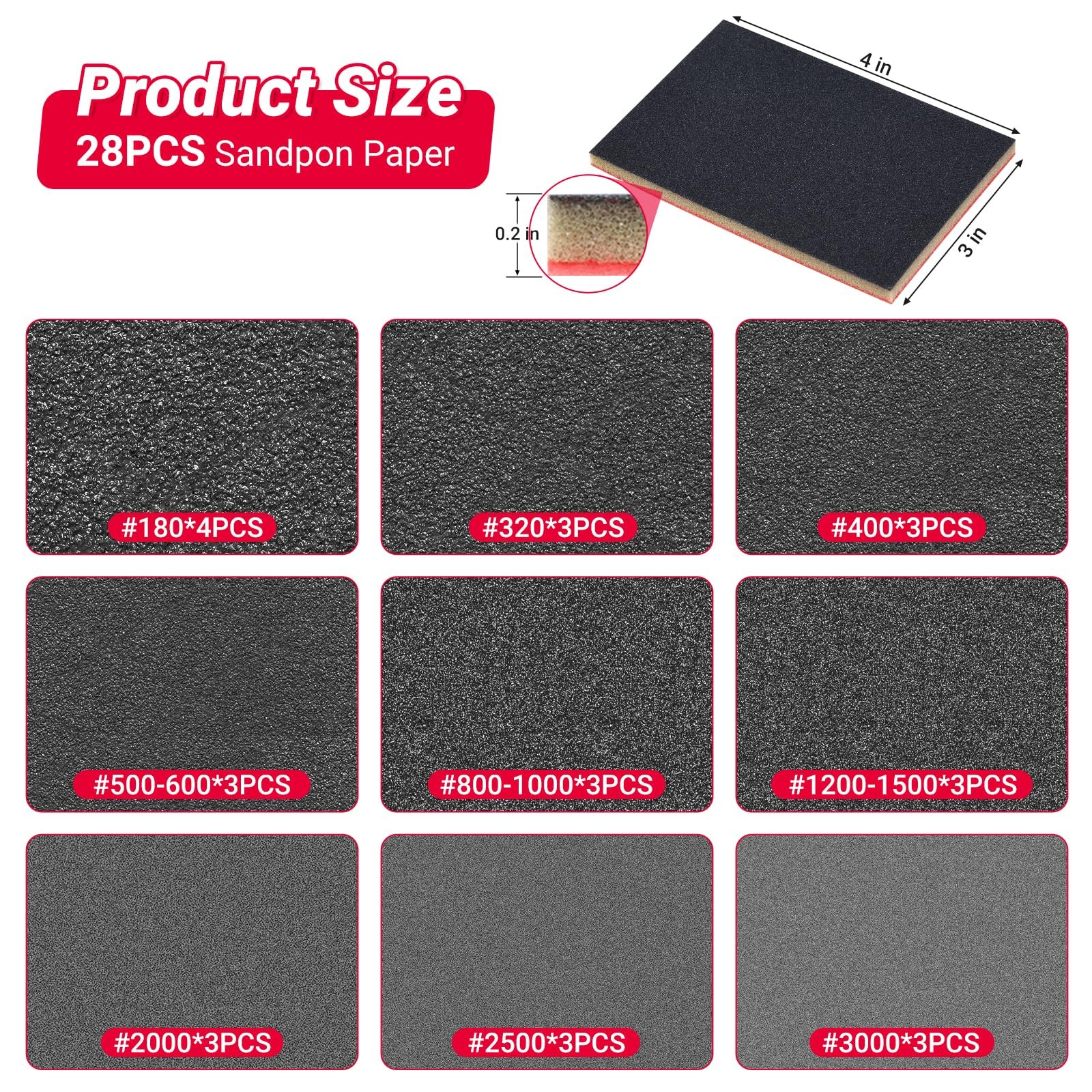 28 PCS Sanding Sponge Set 180-3000 Grit for Wood, Metal, Drywall, Furniture