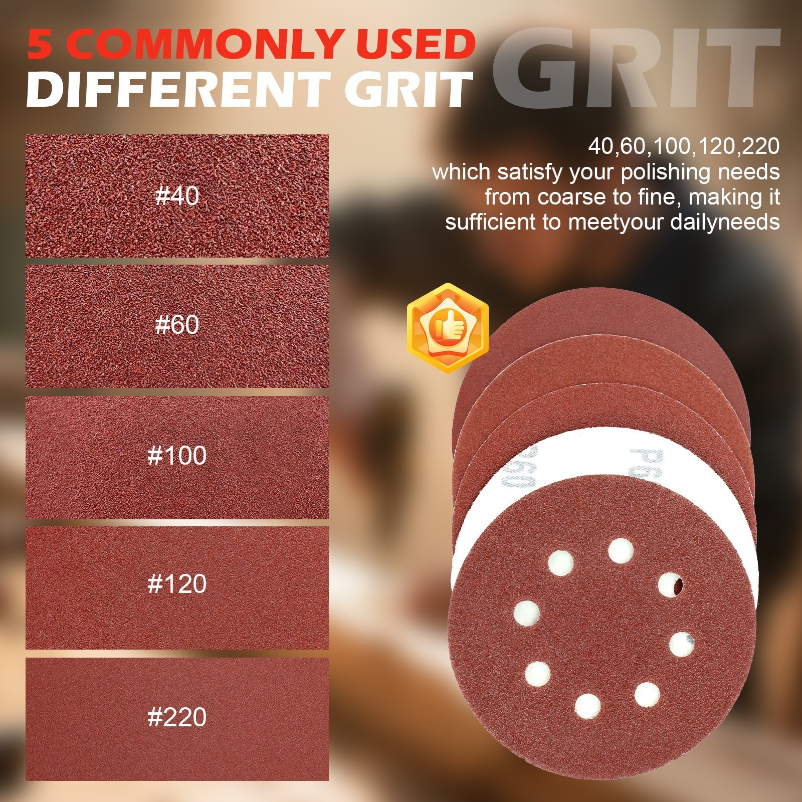 Premium 5″ 8 Hole 60 Grit Sanding Discs 50 Pcs Hook Loop Flocked Sandpaper Pads