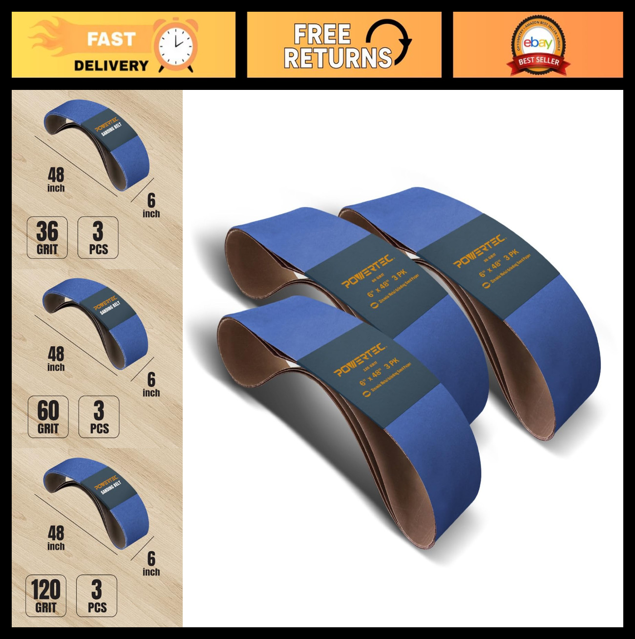 6″x48″ Zirconia Sanding Belts – 36/60/120 Grits, 9 Pack for Wood & Metal Sander