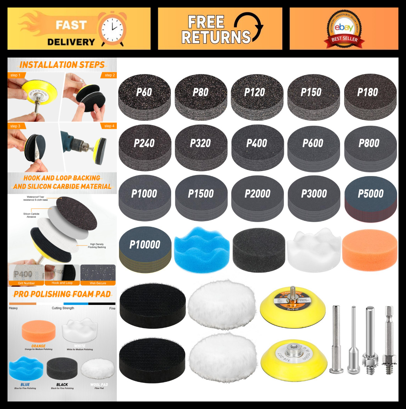 174 PCS Wet Dry Sanding Discs 3 Inch Grit 60-10000 Hook & Loop for Drill Use