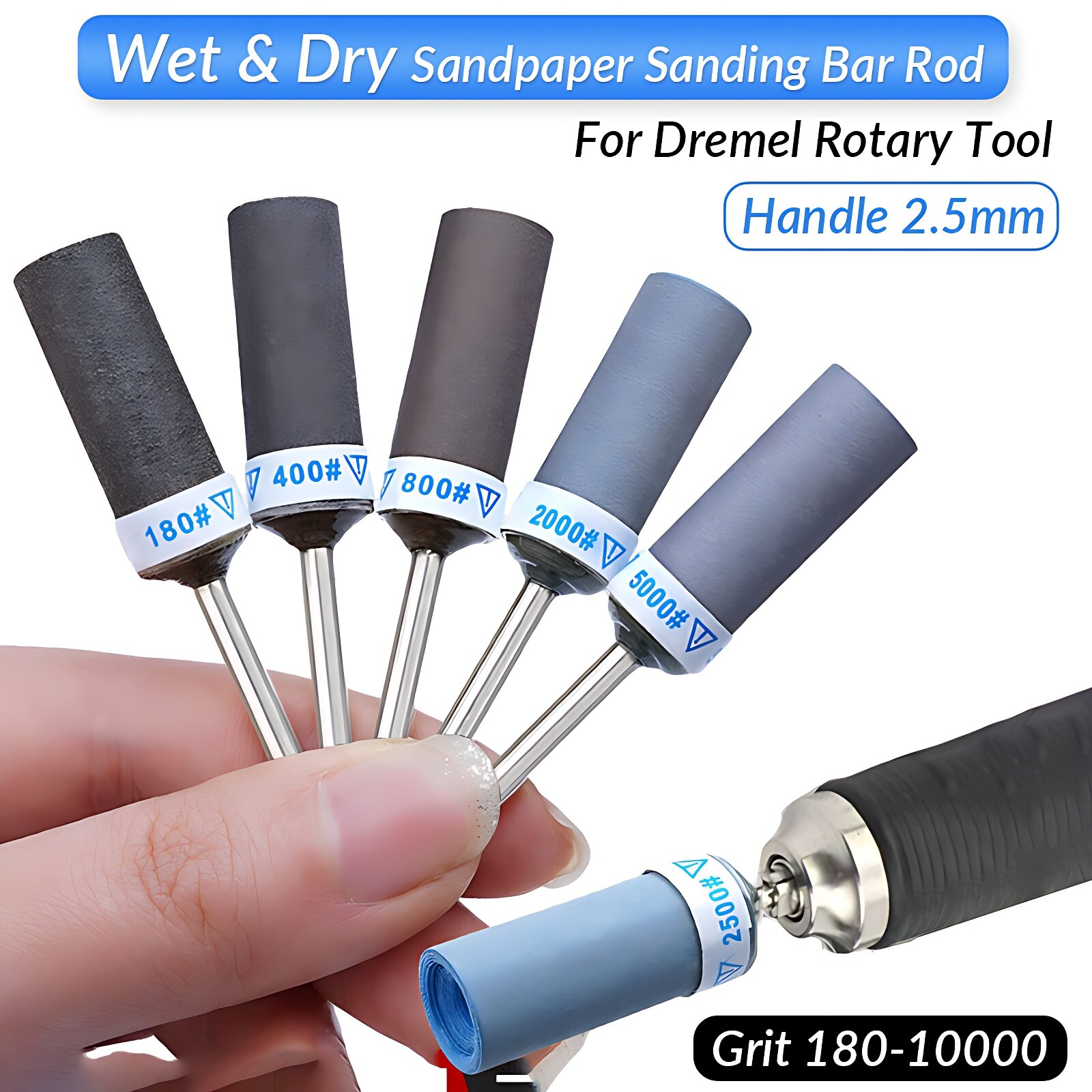 Wet & Dry Sandpaper Sanding Bar Rod Abrasive For Dremel Rotary Tool,Handle 2.5mm