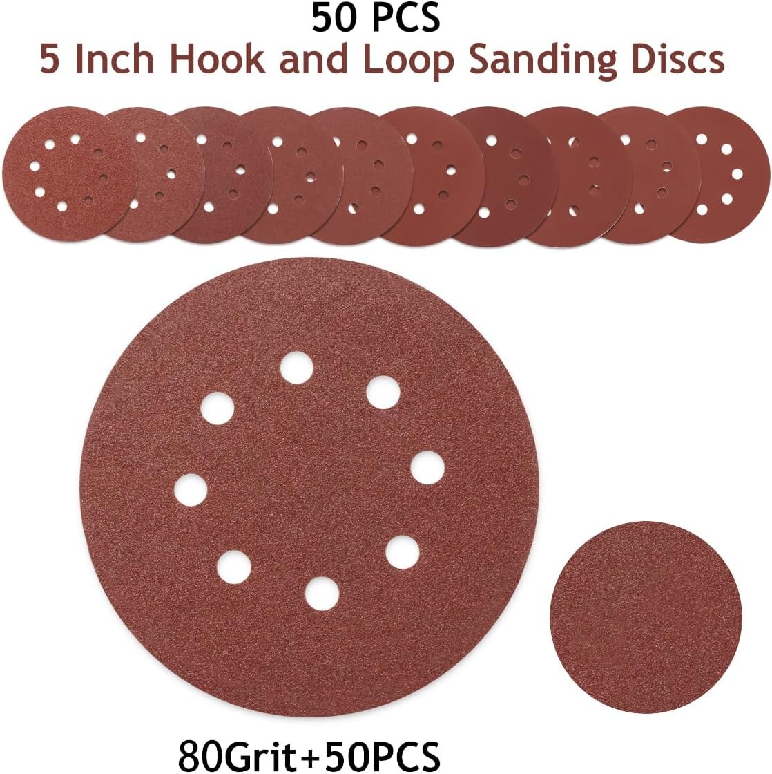 5 Inch 8 Hole Sanding Discs Hook and Loop, 50 PCS 80 Grit Round Sand Paper Disc,