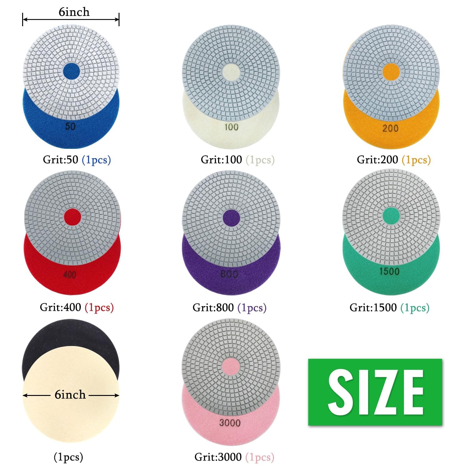 8PCS Diamond Polishing Pads 6 Inch, Wet/Dry Concrete 6 Inch 50-3000 Grit