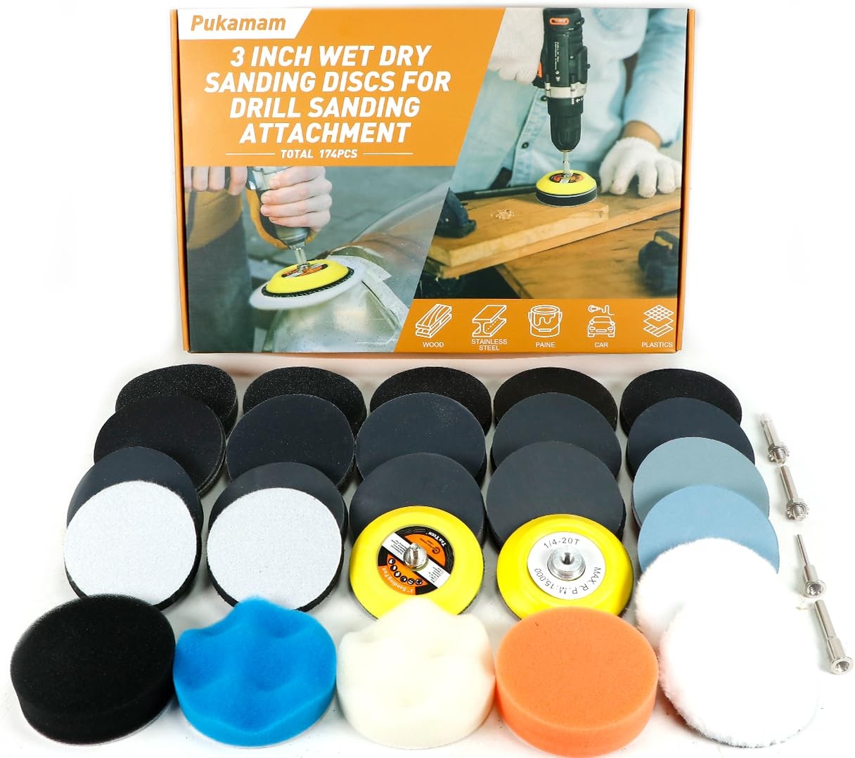 174 PCS 3 Inch Wet Dry Sanding Discs Grit 60 80 120 150 180 240 320 400 600 800