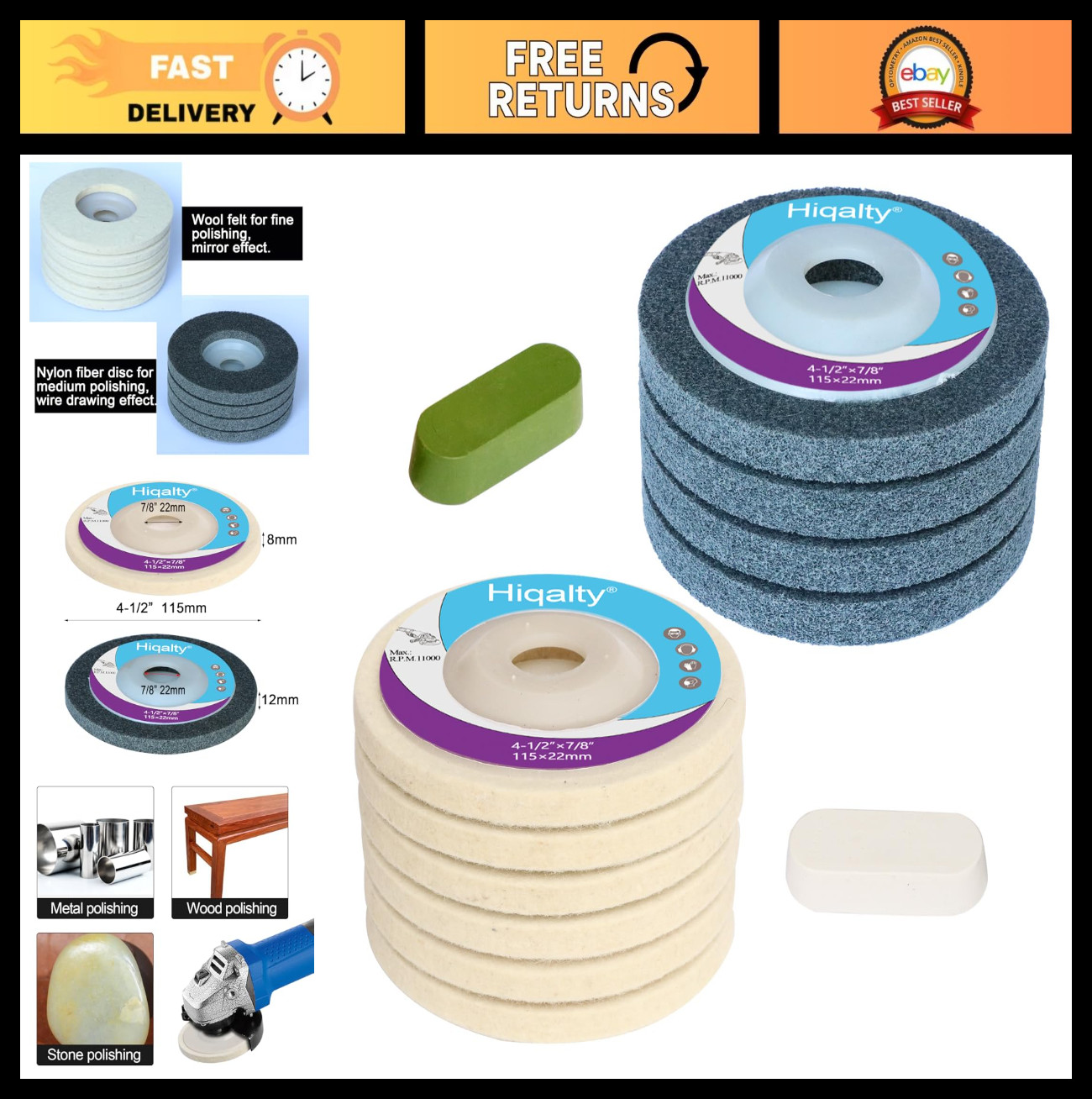 4.5″ Wool Felt Polishing Disc & Nylon Fiber Buffing Wheel for Angle Grinder