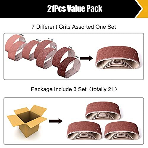 Boshcraft 3 x 21 Inch Sanding Belts, 21 Pack Belt Sander Paper