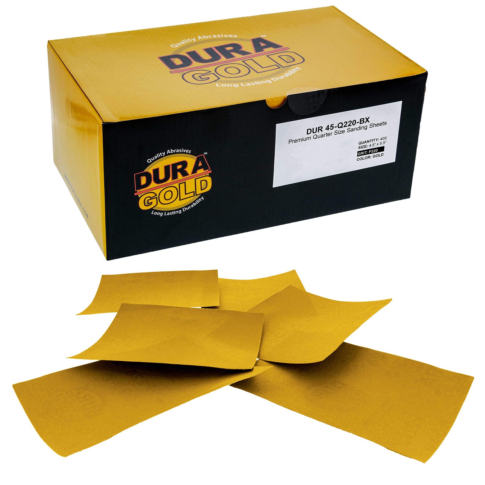 Dura-Gold Premium 1/4 Sheet Gold Sandpaper Sheets, 220 Grit (Box of 400) – Wo…