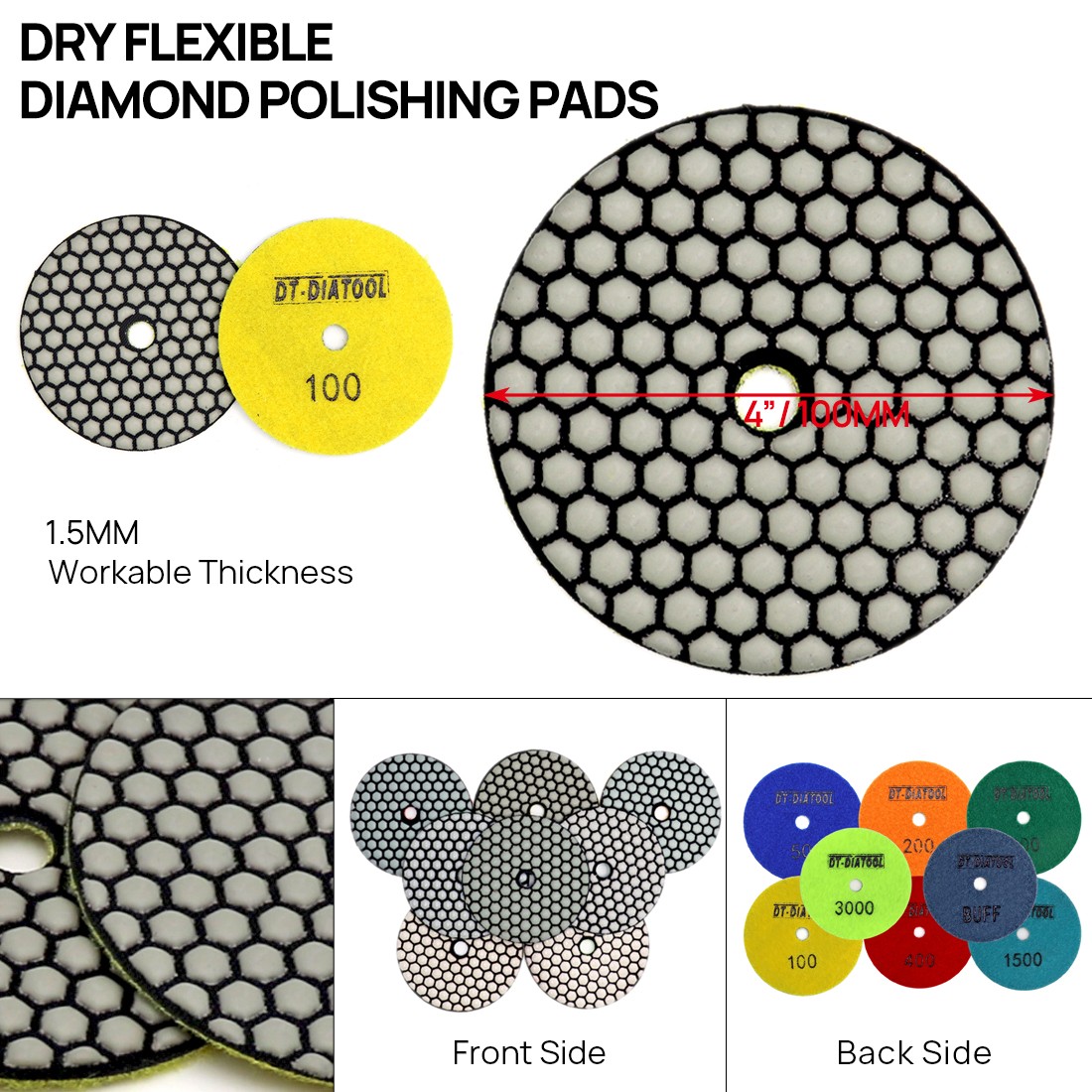 6pcs Dry Diamond Polishing Pads 4″/100mm Resin Bond Sanding Disc Grit #50-#3000
