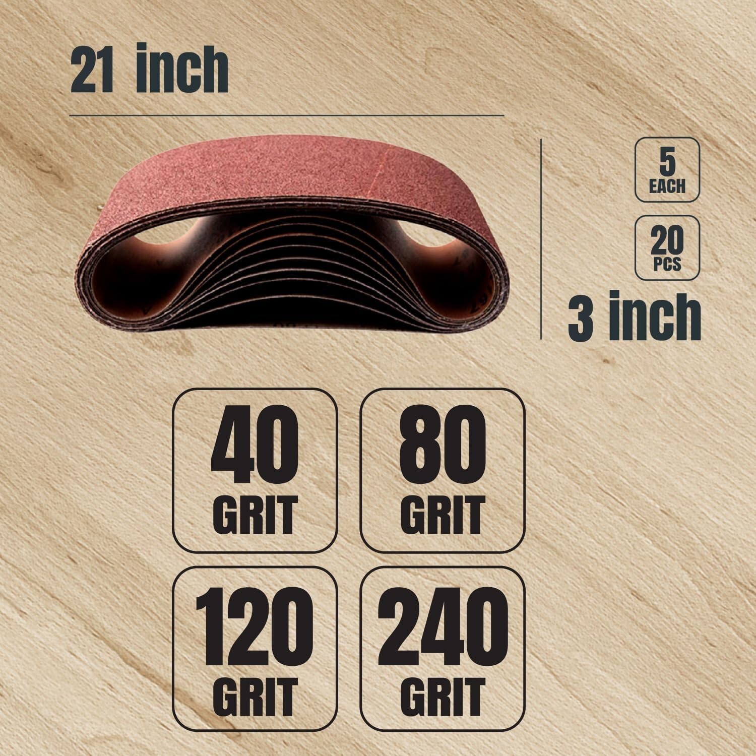 POWERTEC 3×21″ Sanding Belt Assortment 20PK-5 Each of 40, 80, 120, 240 Grits