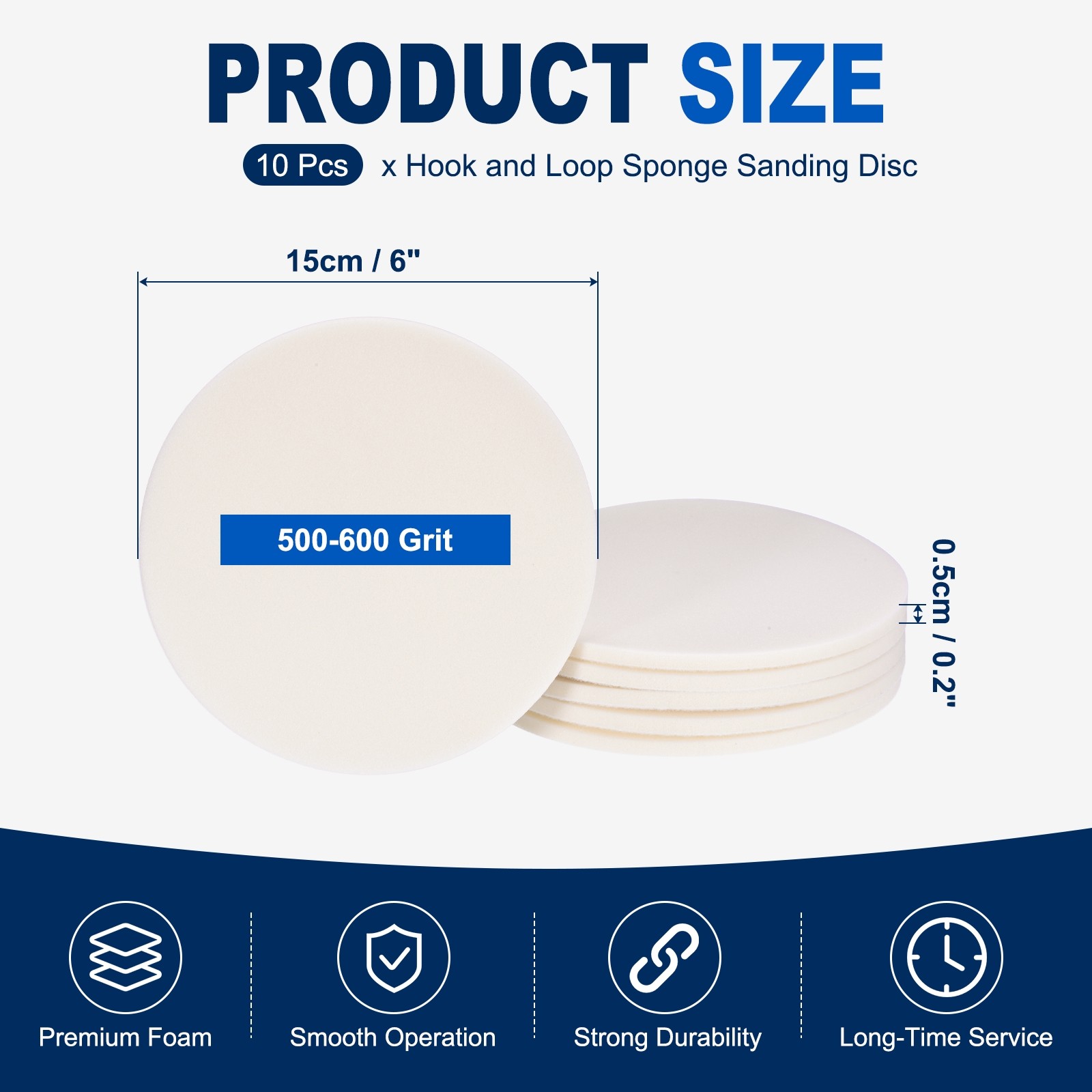 10 Pcs 500-600 Grit 6 Inch Hook and Loop Sponge Sanding Disc for Sander, White