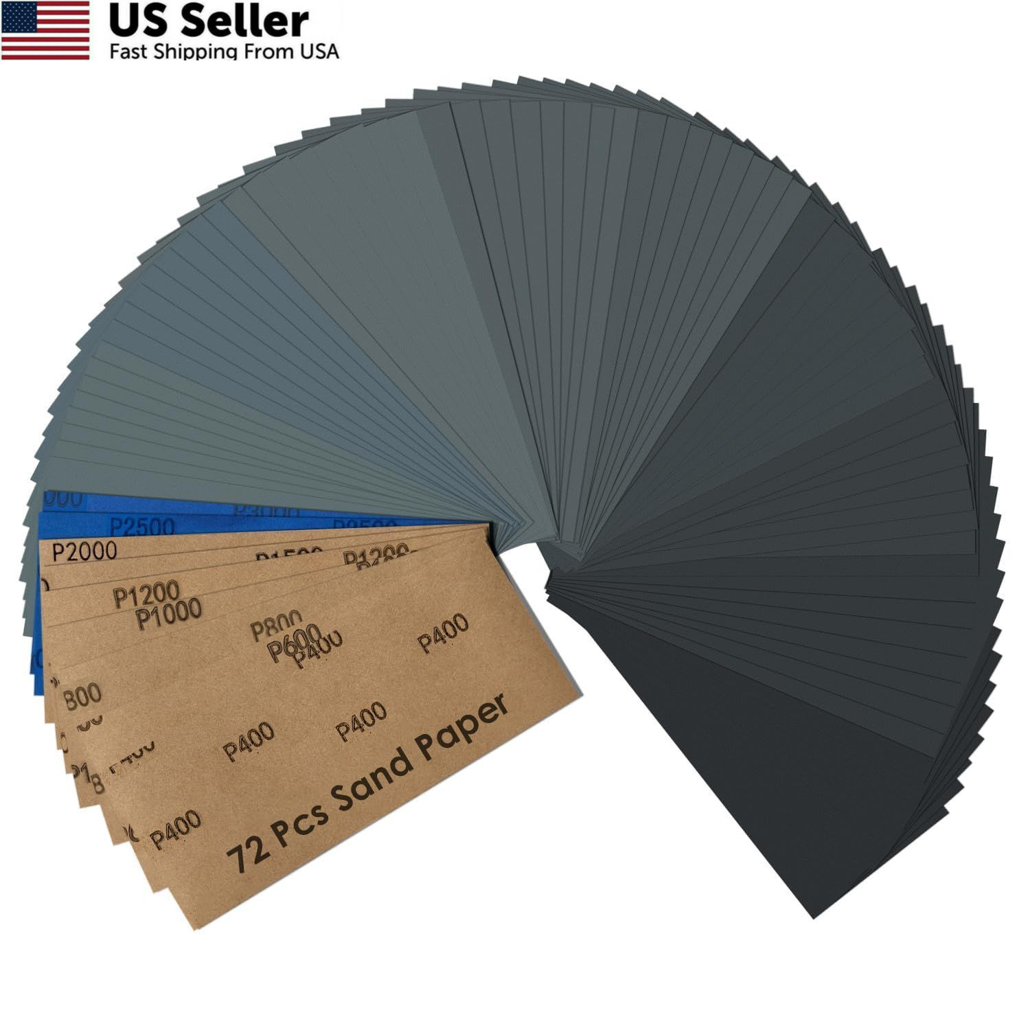 Wet Dry Sandpaper Sheets 400-3000 Grit Assortment Wood Auto Metal 72PC 9×3.6 USA
