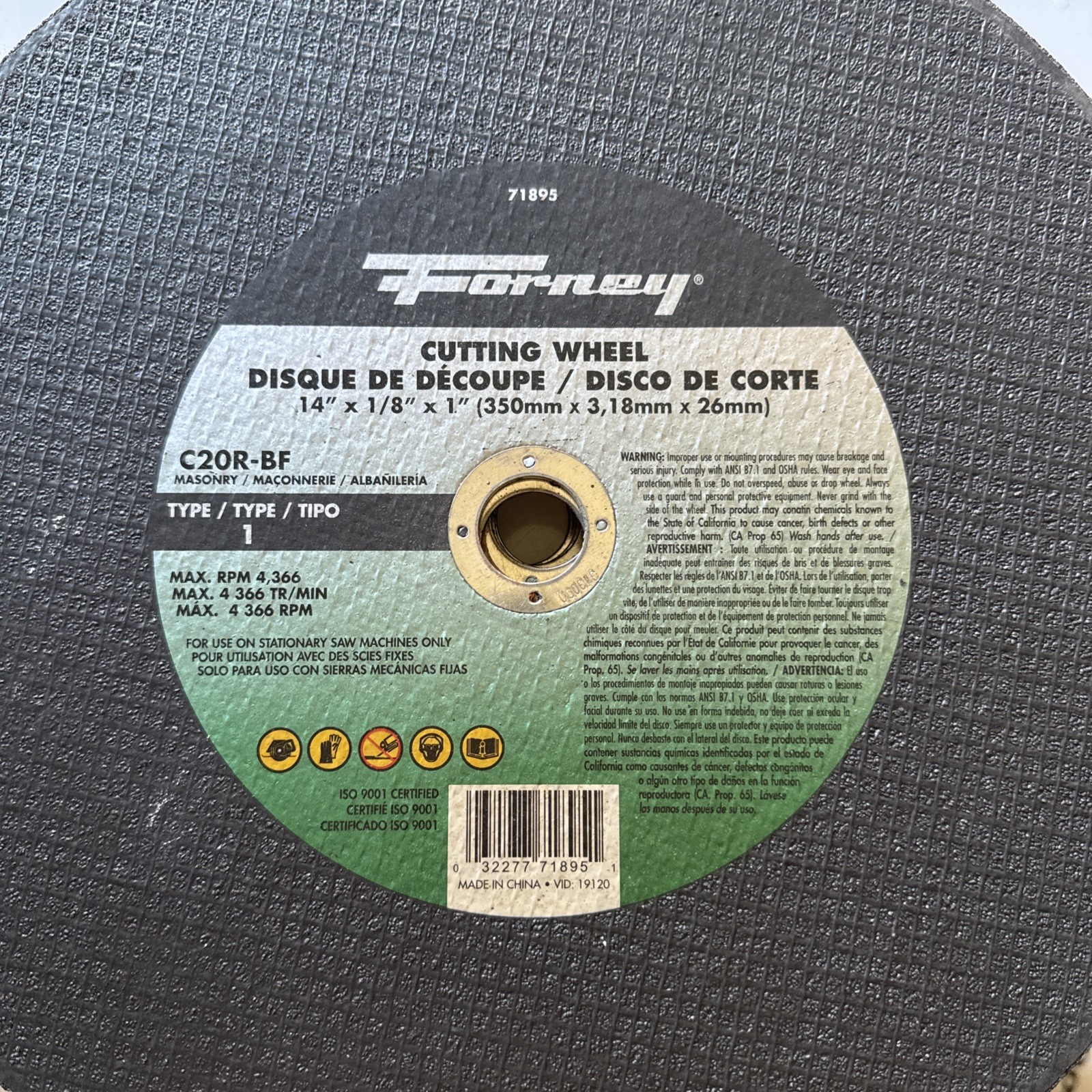 Forney 71895 Silicon Carbide 5095 rpm 14 Dia. in. Cutting Wheel 1/8 in. Thick