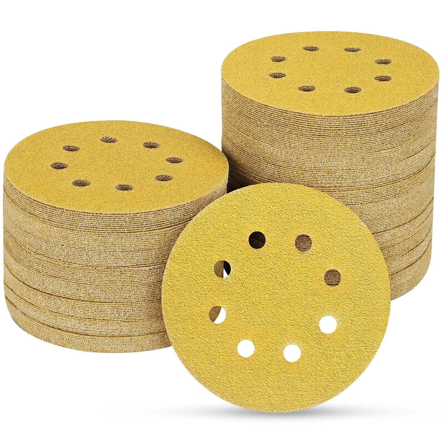 100PCS 5 Inch 8 Hole Sanding Discs 60 Grit,Gold Round Hook and Loop Sandpaper fo