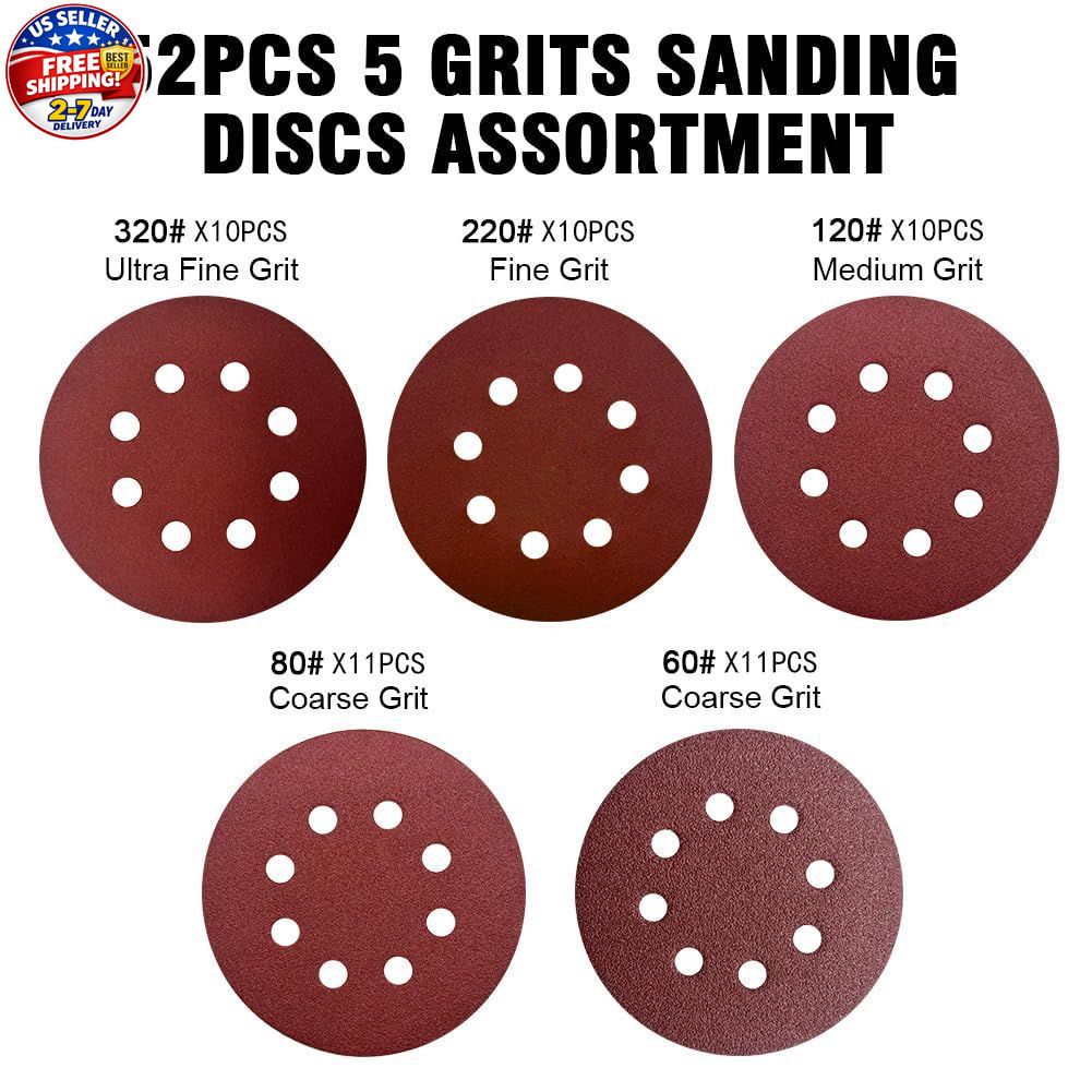 52 Pack 5 Inch 8-Hole Hook and Loop Sanding Discs Sandpaper Red Round 60 80 120