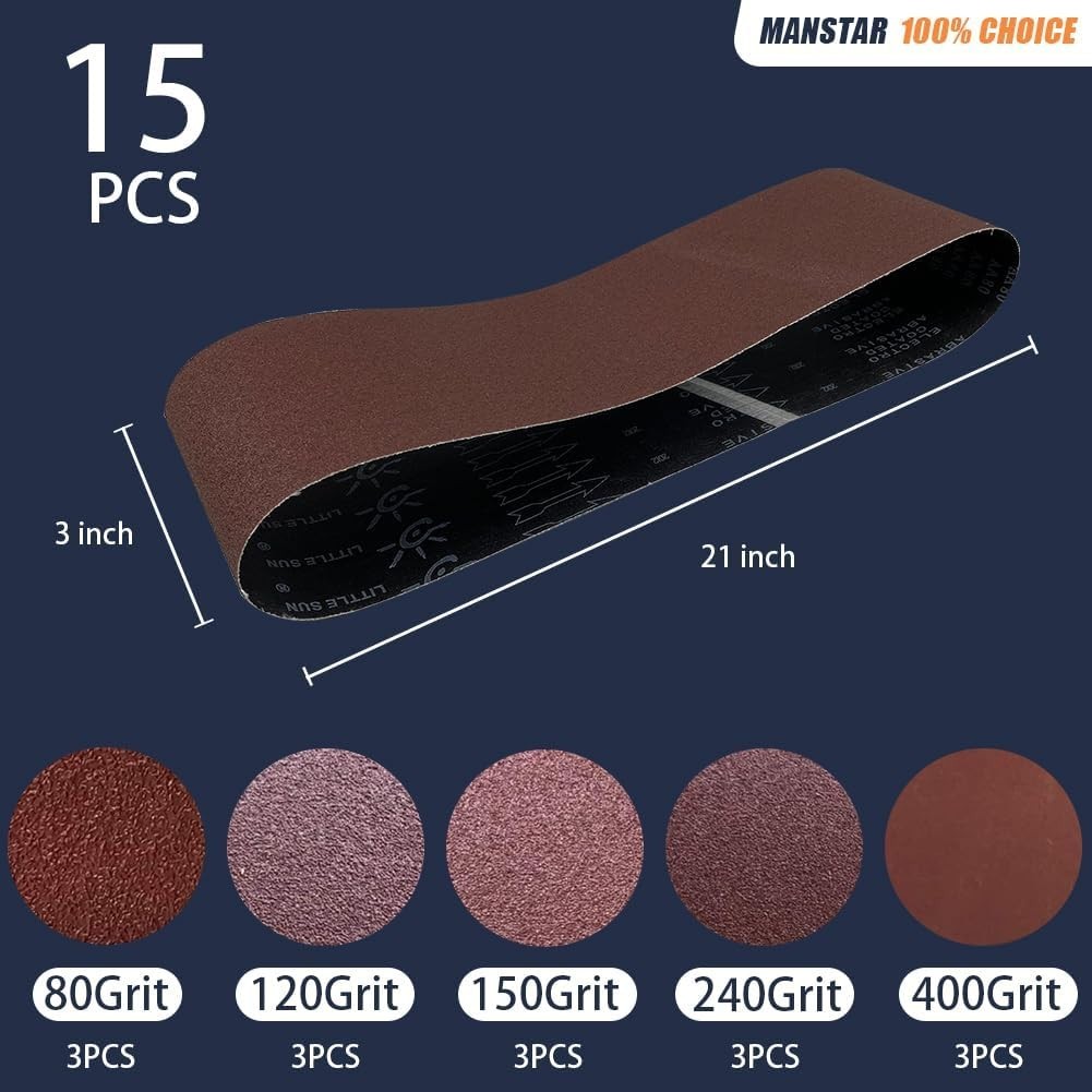 15 pcs Sanding Belts Aluminum Oxide 3×21 In Grits for Wood Metal Glass