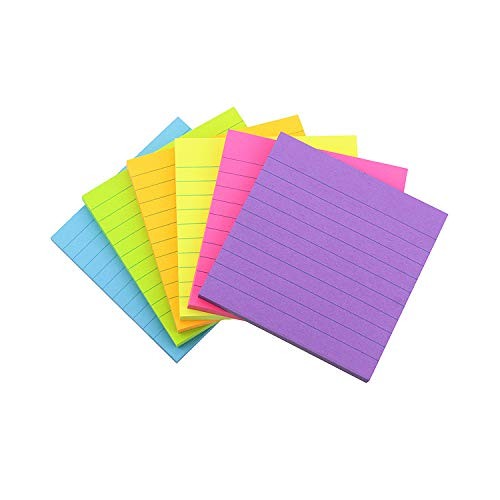 6 Bright Color Lined Sticky Notes Self-Stick Notes 3 in x 3 in, 100 3×3 in