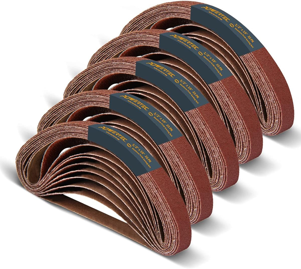 1/2 X 18 Inch Sanding Belts, 50PK, 10 Each of 40/80/120/180/240 Grits, Aluminum