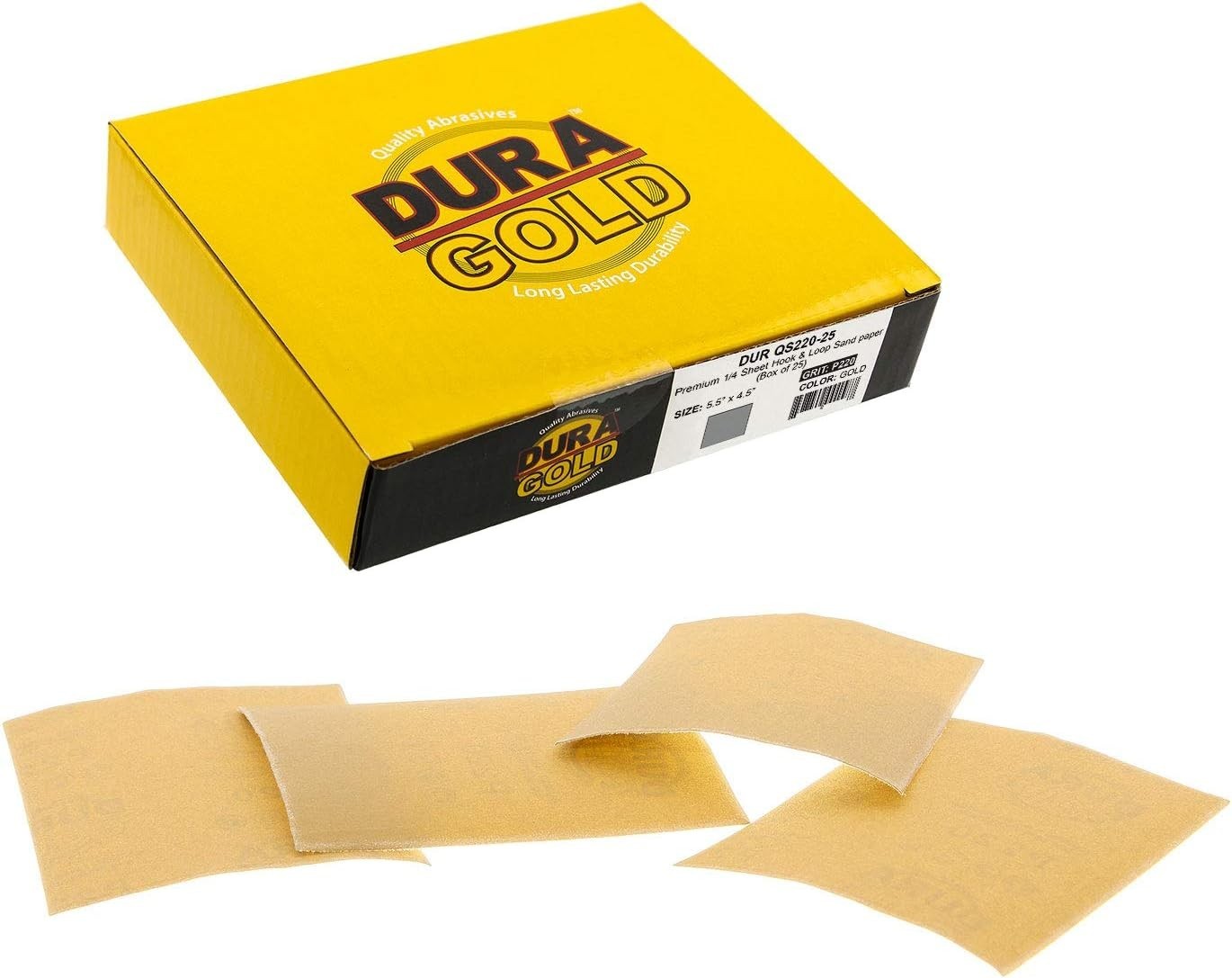 Box of 25 High-Performance 220 Grit Gold Sandpaper Sheets – Hook & Loop Backing