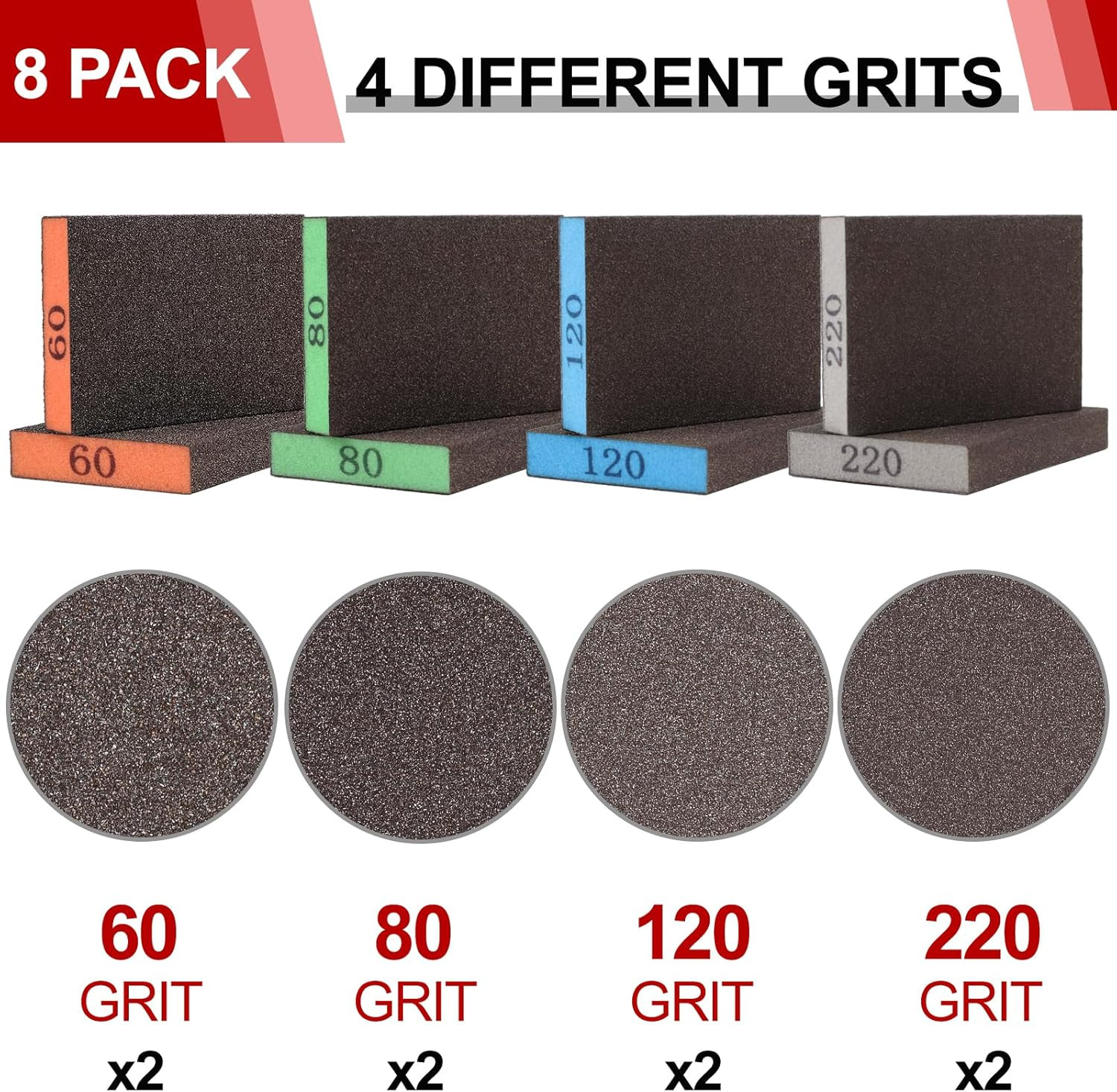 8 Pack Sanding Sponge Blocks, Assorted Grits for Wood, Metal & Drywall