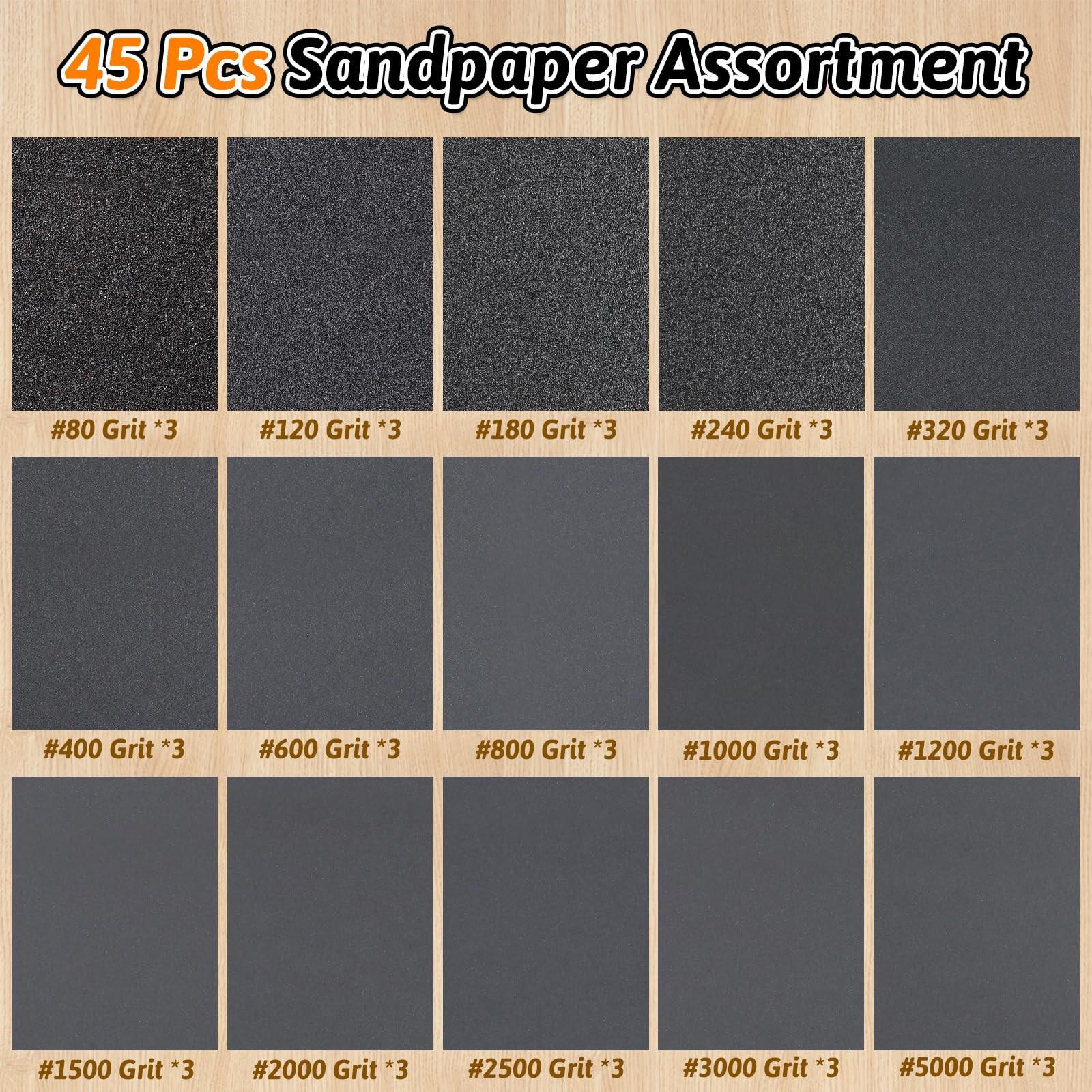 45 Pcs Sandpaper Assortment 80-5000 Grit Wet Dry Sandpaper 9×3.6 Inch 80-5000G