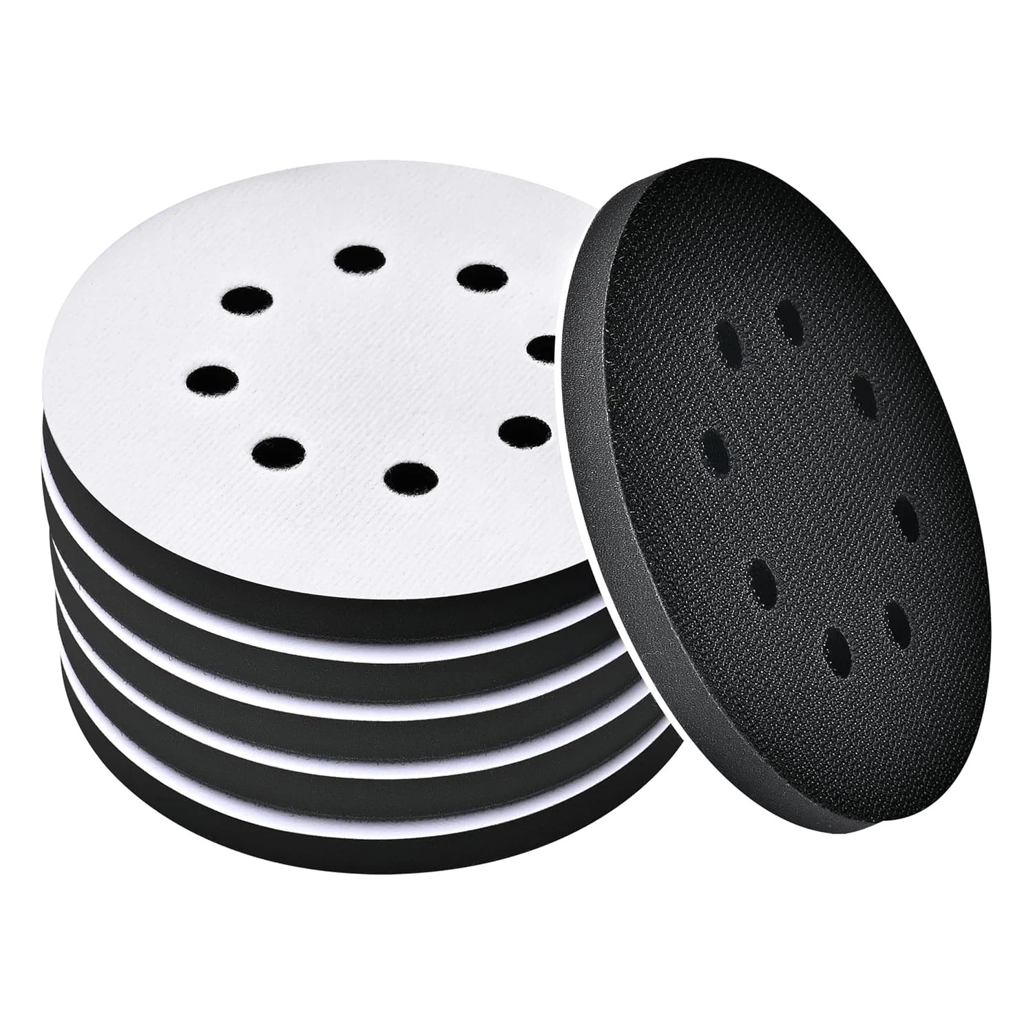 6 Pack 5 Inch 8 Hole Foam Sanding Pads, Soft Density Interface Pad, Hook and Loo