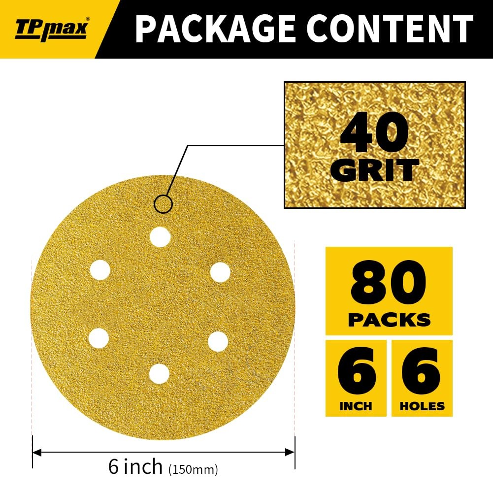 80PCS 6 Inch 40 Grit 150mm 6 Hole Sanding Discs Sandpaper – Premium Gold Roun…