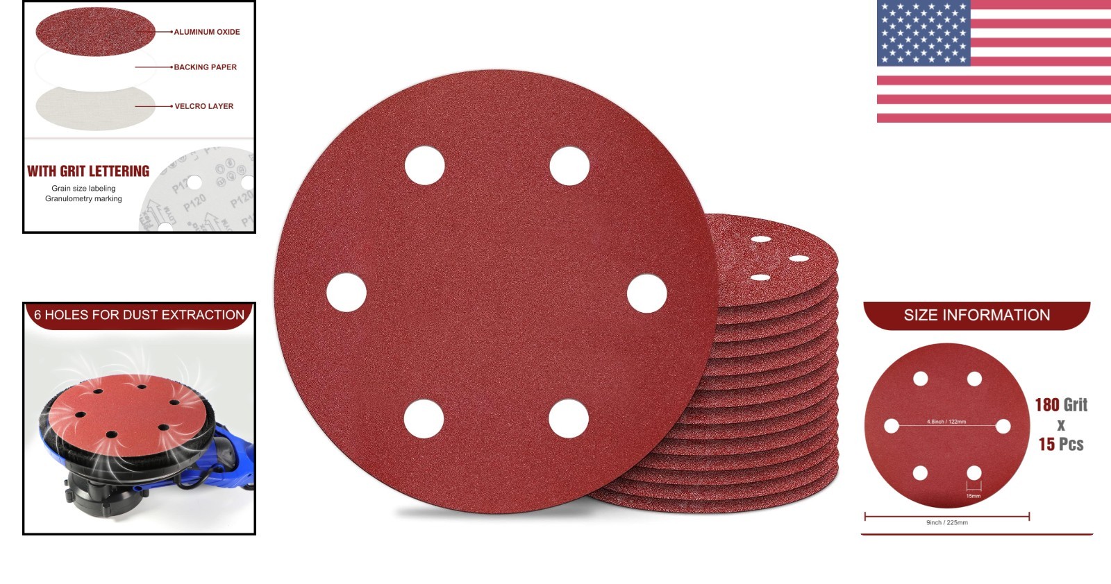 9 Inch 6 Hole Sanding Discs 180 Grit Aluminum Oxide for Drywall Sander 15PCS