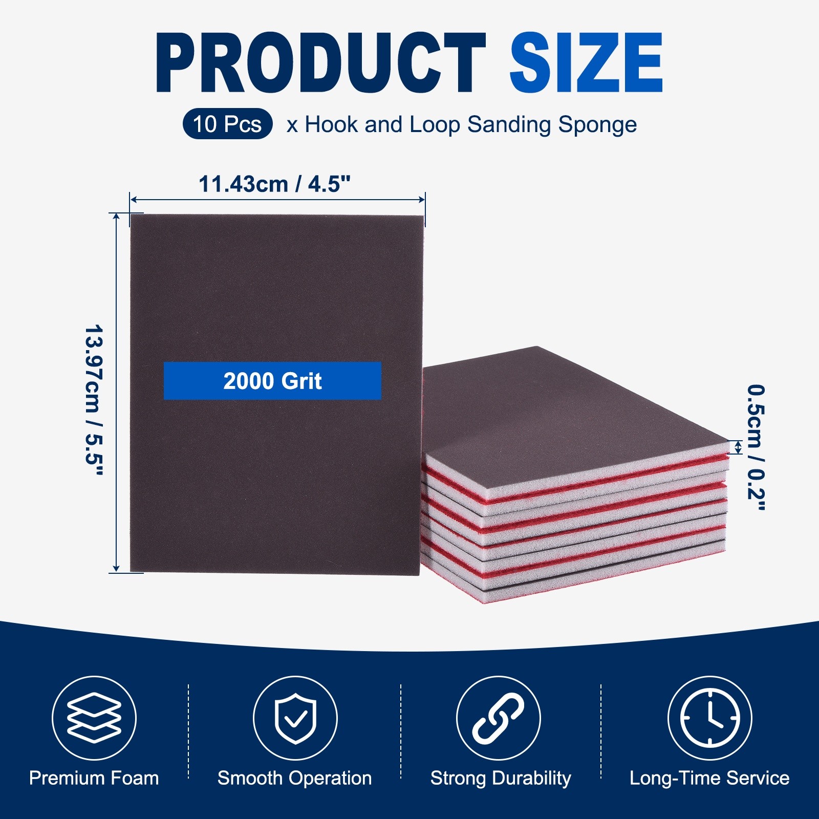 10 Pcs 2000 Grit 5.5 x 4.5 Inch Hook & Loop Foam Sanding Blocks, Black